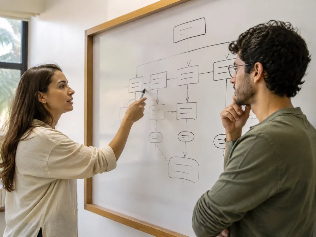 Duas pessoas riscando no quadro branco o esqueleto de uma tese